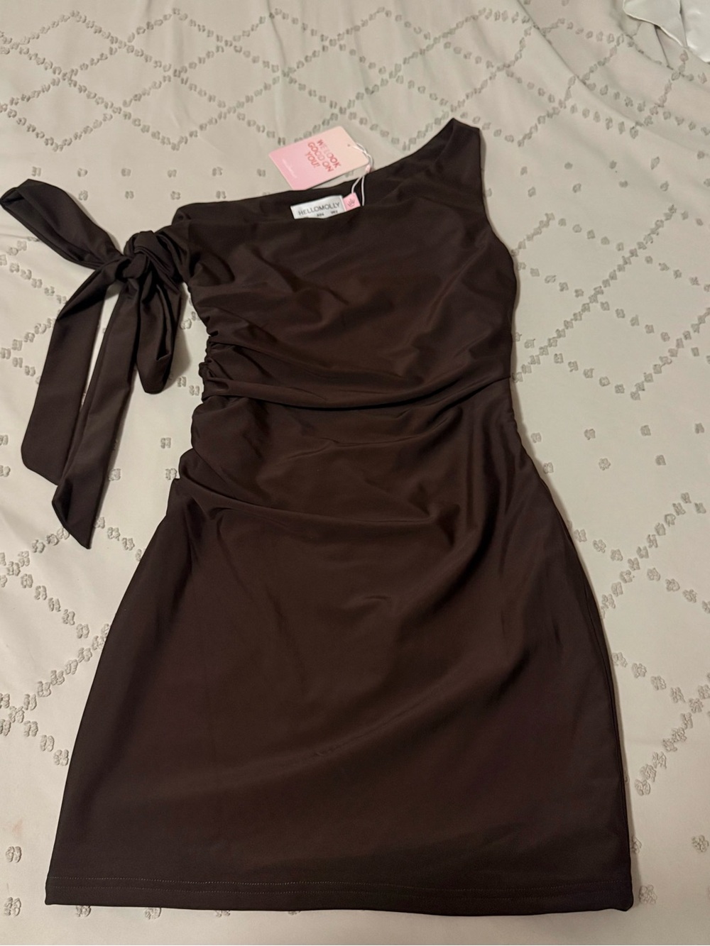 HELOMOLLY Mini One-Shoulder Dress in Brown Size XS NWT
